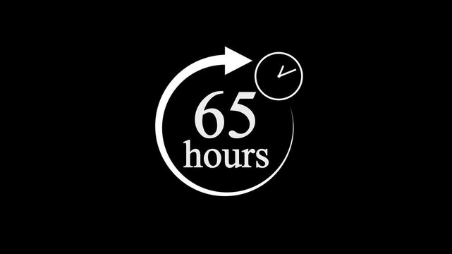 65 Hours Countdown Timer Animation. Stopwatch Clock icon with 65 Hour&rsquo;s Time Management on Black Background. 4k video.
