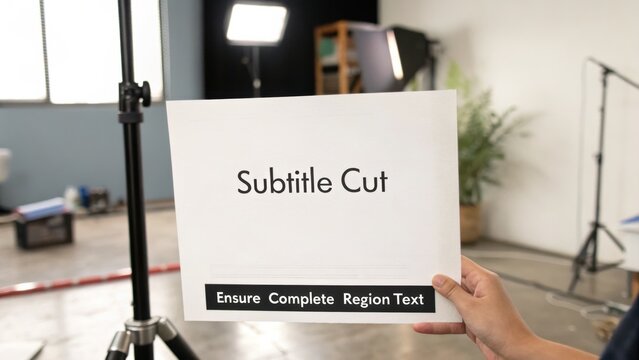 Person Holding Subtitle Cut Sign in Studio Setting with Equipment and Lighting for Film Production or Video Project