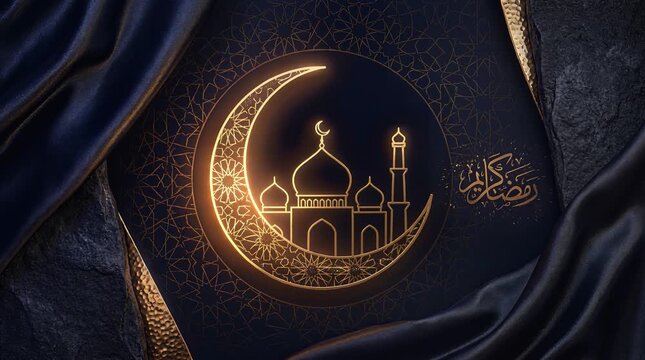 Moonlit Mosque Silhouette with Crescent and Domes in Elegant Frame