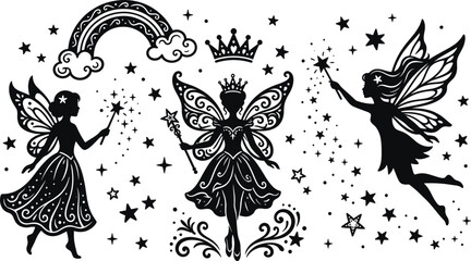 Black fairy silhouettes set, vector magical princess and pixie icon collection with magic wand and stars, fantasy forest elements isolated on white © JONI