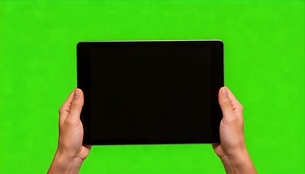 Tablet hand device blank display digital green screen mockup touch tablet with blank screen held by hand against bright green background for isolated display design template and modern digital mockup