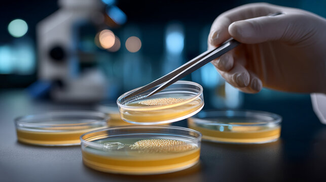 Scientist handling petri dish with cultures in laboratory