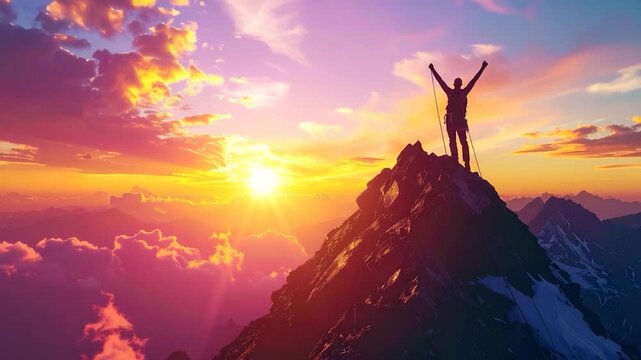Climber at peak with raised arms at sunset. Mountain range with golden light
