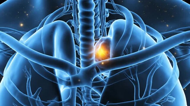 Animated 3D rendering showing detailed human chest anatomy, focusing on internal organs and bones