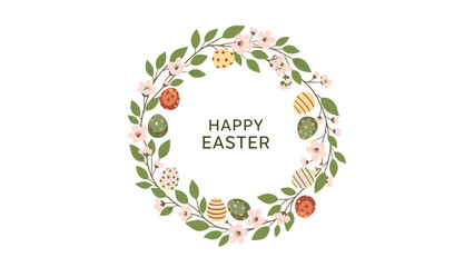 Fototapeta premium Beautiful Easter wreath made of green leaves and pink flowers surrounds the text Happy Easter with several decorated eggs tucked inside.