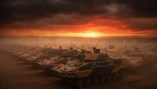 Armored vehicles gather at dusk, military tanks in formation, dramatic cloudy sky, powerful machines, preparation, defense, sunset atmosphere, strength and technology.