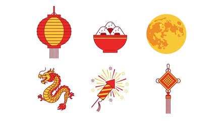 Six flatstyle icons related to Chinese culture lantern food moon dragon firework and charm © Agung