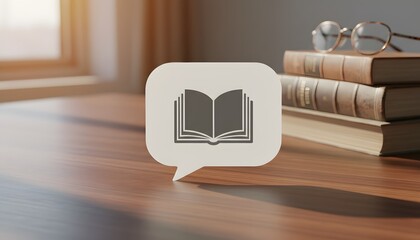 Naklejka premium Speech bubble with a book icon on a wooden desk with vintage books and glasses, symbolizing the World Book Day concept for reading and learning
