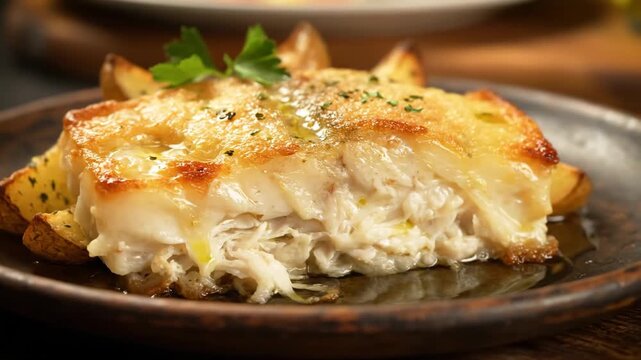 Delicious baked white fish fillet gratin served with roasted potato wedges and fresh parsley, presented on a dark rustic plate, macro close-up view.