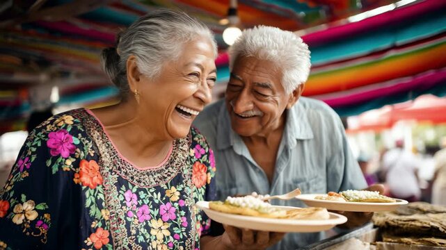 Happy senior couple enjoying traditional street food together, smiling while sharing a plate of local cuisine at a vibrant market. Authentic cultural experience.