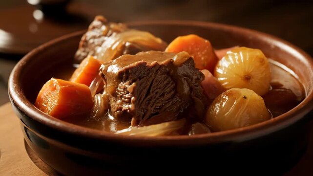 Close-up of rich beef stew with braised meat chunks, carrots, and pearl onions served in a rustic ceramic bowl under dramatic low-key lighting.