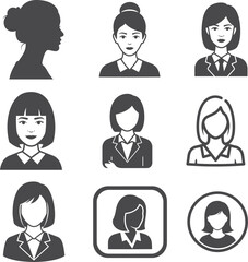 Fototapeta premium Black and White Woman Avatar Icons – Professional Female Profile Vector Set