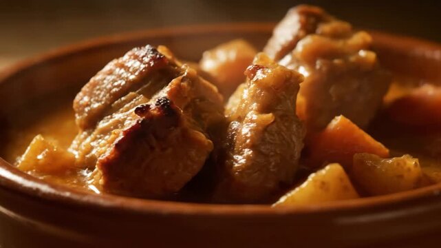 Appetizing close-up of rich, hearty meat stew served in a rustic terracotta bowl under dramatic, moody lighting.