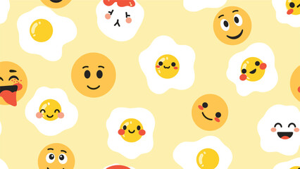 Fototapeta premium Seamless pattern featuring sunny-side-up fried eggs with various happy and silly emoji faces on a soft yellow background for kids.