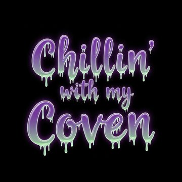 Glowing purple and green dripping text Chillin' with my Coven in a neon graffiti style on black background
