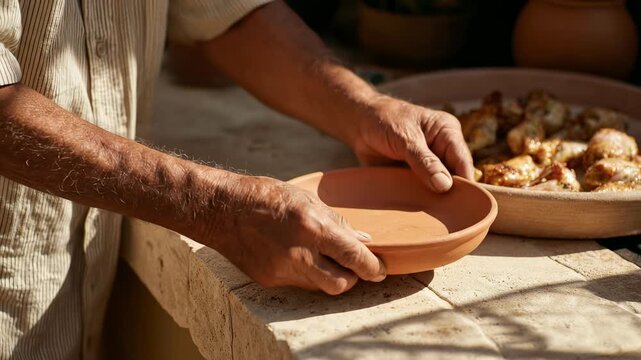 Craftsman carefully places terracotta dish. Skilled hands shape rustic pottery. Traditional art form, vibrant textures, warm tones. Authentic craftmanship, cultural heritage, manual work.