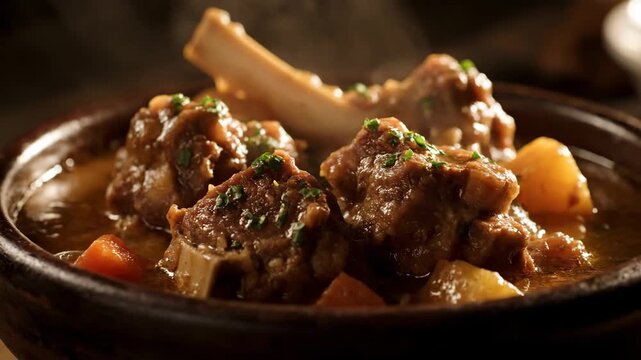 Luxurious Bone-in Meat Stew (Osso Buco style) or Oxtail Ragout Steaming in a Rich Brown Sauce, Served Hot with Root Vegetables in a Rustic Dark Earthenware Bowl.