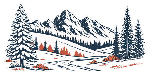 Fototapeta premium Alpine Forest with Snowy Peaks Minimal Colorful Vector Illustration 
