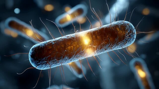 Rod-shaped bacteria (bacilli) floating in a dark microscopic environment. Biotechnology, in modern high-tech aesthetics.