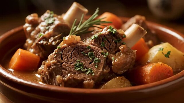 Hearty Braised Meat Stew (Beef Short Ribs or Lamb Shank) Served with Carrots, Potatoes, and Rich Gravy, Garnished with Rosemary in a Rustic Terracotta Bowl.