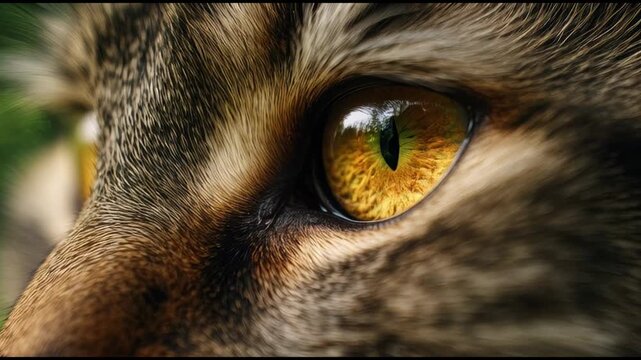 Extreme macro close-up of a tabby cat's golden eye with vertical pupil and nature reflection against a blurred green background