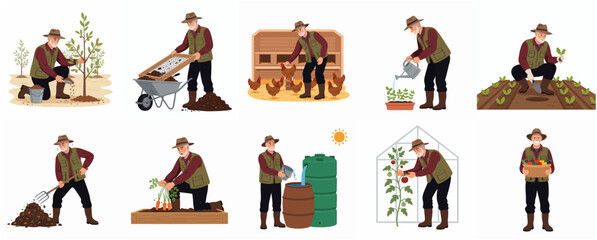 Flat Illustration Set of Farmer Doing Various Agriculture Activity Jobs © cantik