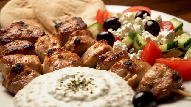 Delicious grilled chicken souvlaki skewers served with a side of refreshing Greek salad (feta, olives, tomatoes, cucumber), tzatziki yogurt sauce, and traditional pita bread.