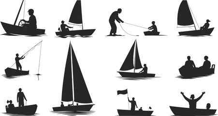 Boating silhouette icon set, fishing, rowing, sailing, teamwork, aquatic recreation, water transport, leisure activity, boat illustration design © Hello World