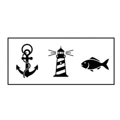 Obraz premium Nautical icons of anchor, lighthouse, and fish symbolize maritime adventures, coastal charm, and ocean life for travel and leisure designs