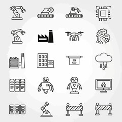 Modern industrial technology icons for automation, robotics, manufacturing, and digital innovation projects showcasing smart systems
