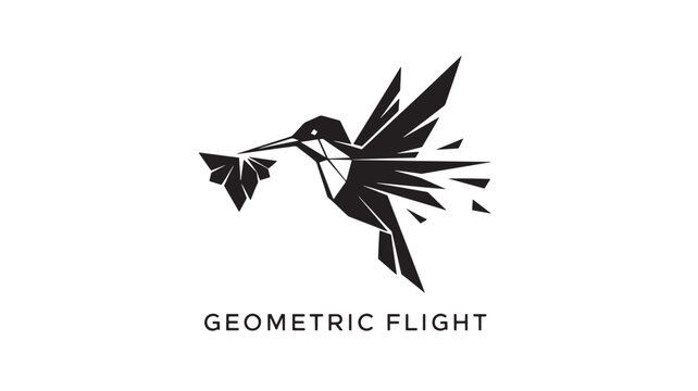 Striking  black and white vector illustration of a hummingbird in geometric flight, evoking modern art and abstract design for creative projects.
