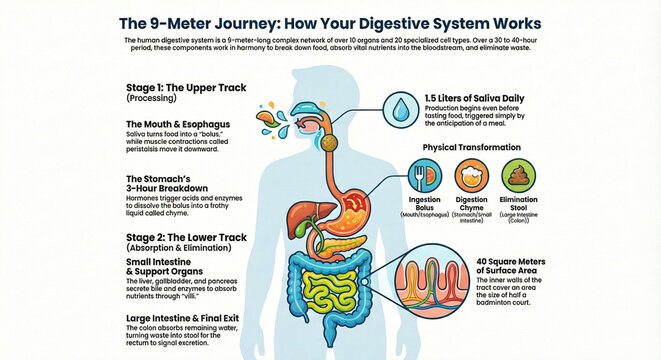 Vector infographic of the human digestive system anatomy, explaining the digestion process, stages, and internal organs
