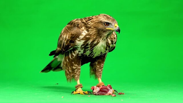 A majestic hawk devours its prey on a vibrant green background, showcasing nature's raw beauty and the predatory instinct of this magnificent bird of prey