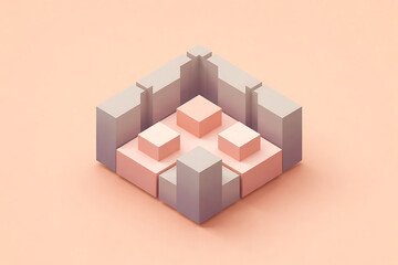 Fototapeta premium Minimal Isometric 3D Cube Structure in Soft Pastel Colors, Abstract Geometric Technology Concept
