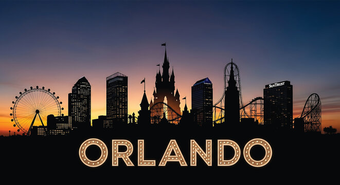 Orlando city skyline with theme park attractions at sunset
