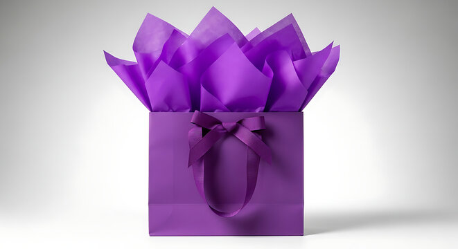 Purple Gift Bag with Matching Ribbon and Vibrant Tissue Paper Isolated on White Background