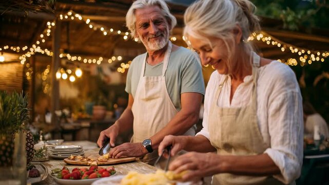 Elderly couple preparing fruit outdoors. Happy seniors enjoying retirement, cooking together. Warm evening light, cozy atmosphere. Perfect for family, lifestyle concepts. Candid moment.