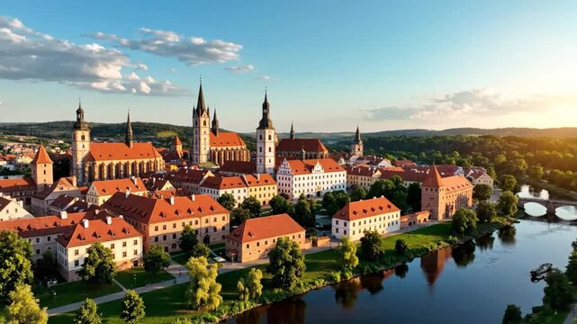 Aerial view of the historic town of Telc in the Czech Republic showcasing architecture and the surrounding landscape at sunrise