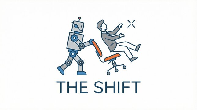 robot pushing human figure out of office chair