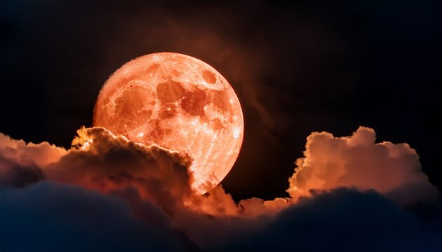 Lunar Eclipse Or Blood Full Moon With Clouds
