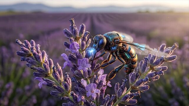 A robotic bee pollinates a lavender flower in a lavender field.