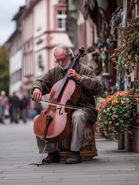 Stra&szlig;enmusiker spielt Cello in malerischer Altstadtgasse