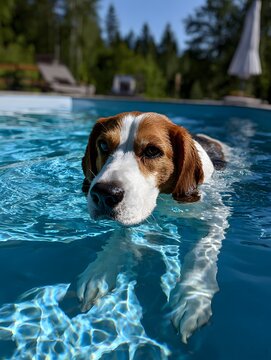 Hund schwimmt im Pool an sonnigem Sommertag