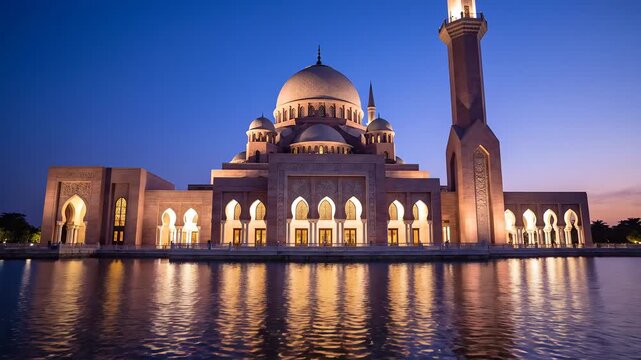 Stunning night view of the Tengku Mizan Zainal Abidin Mosque also known as the Iron Mosque illuminated against a twilight sky with reflections on the water.