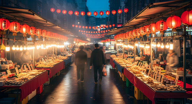 Street food vendors with red lanterns in Temple Street, Hong Kon