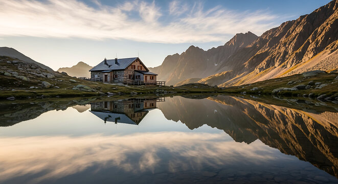 Mountain Hut Reflection Small Lake Sunrise Golden Light Clouds Alpine Shelter Landscape Photo