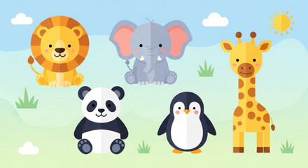 Fototapeta premium Colorful cartoon animals in a sunny savannah landscape with lion elephant giraffe panda and penguin