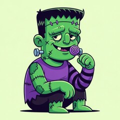 Obraz premium Frankenstein's monster sitting and licking a lollipop in a cartoonish vector style with green skin and purple clothing