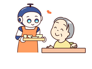 Meal-serving care robot. Elderly waiting with smiles.