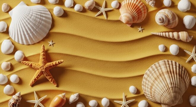 Aerial view of seashells and starfish arranged on a wavy sandy surface surrounded by small white pebbles in a serene coastal environment